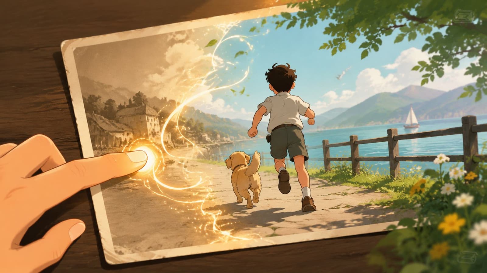 A hand touching a magical photograph showing a boy and his dog running by a beautiful lake.
