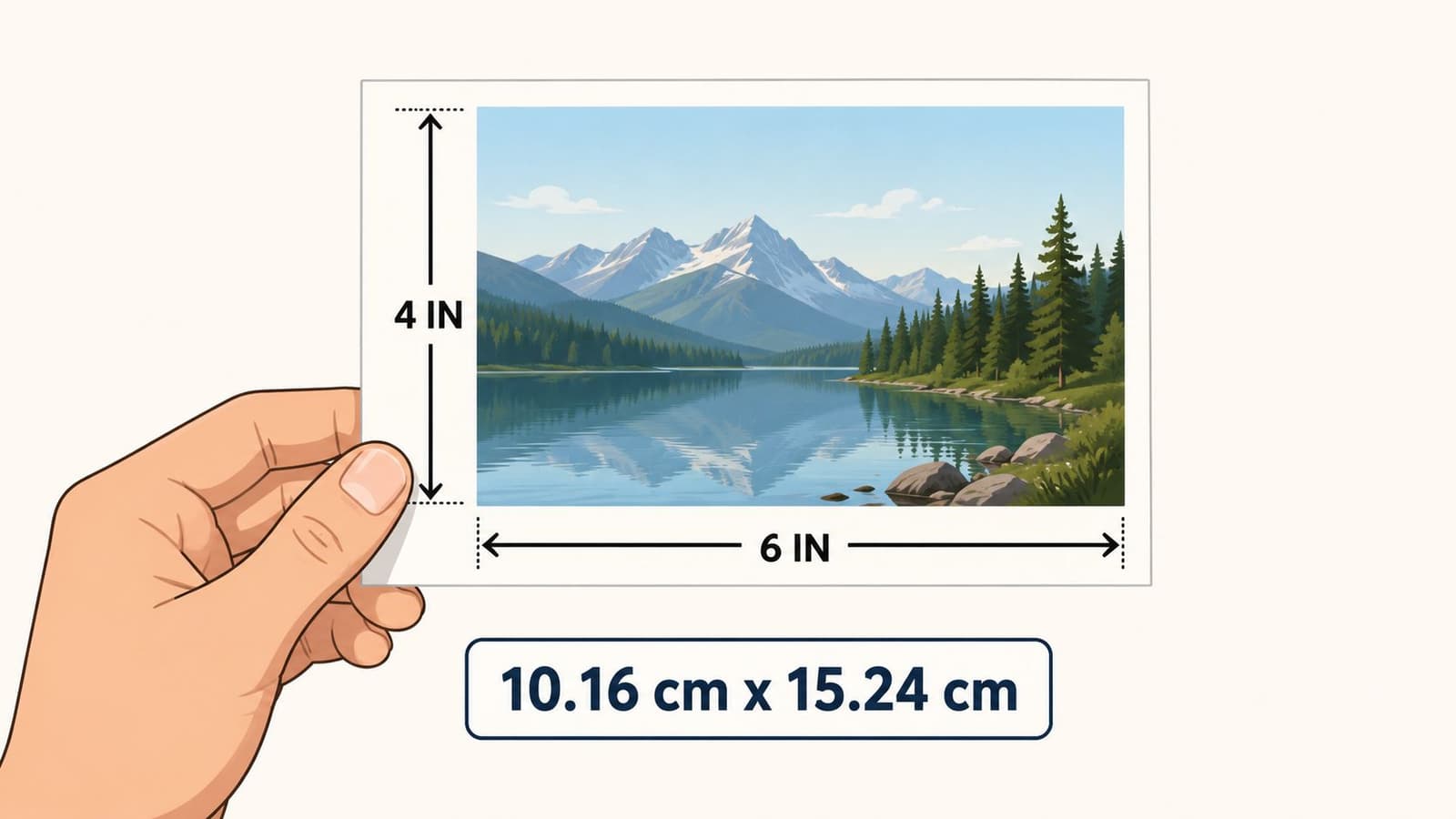 A hand holding a printed 4x6 inch landscape photo with dimensions also displayed in centimeters.