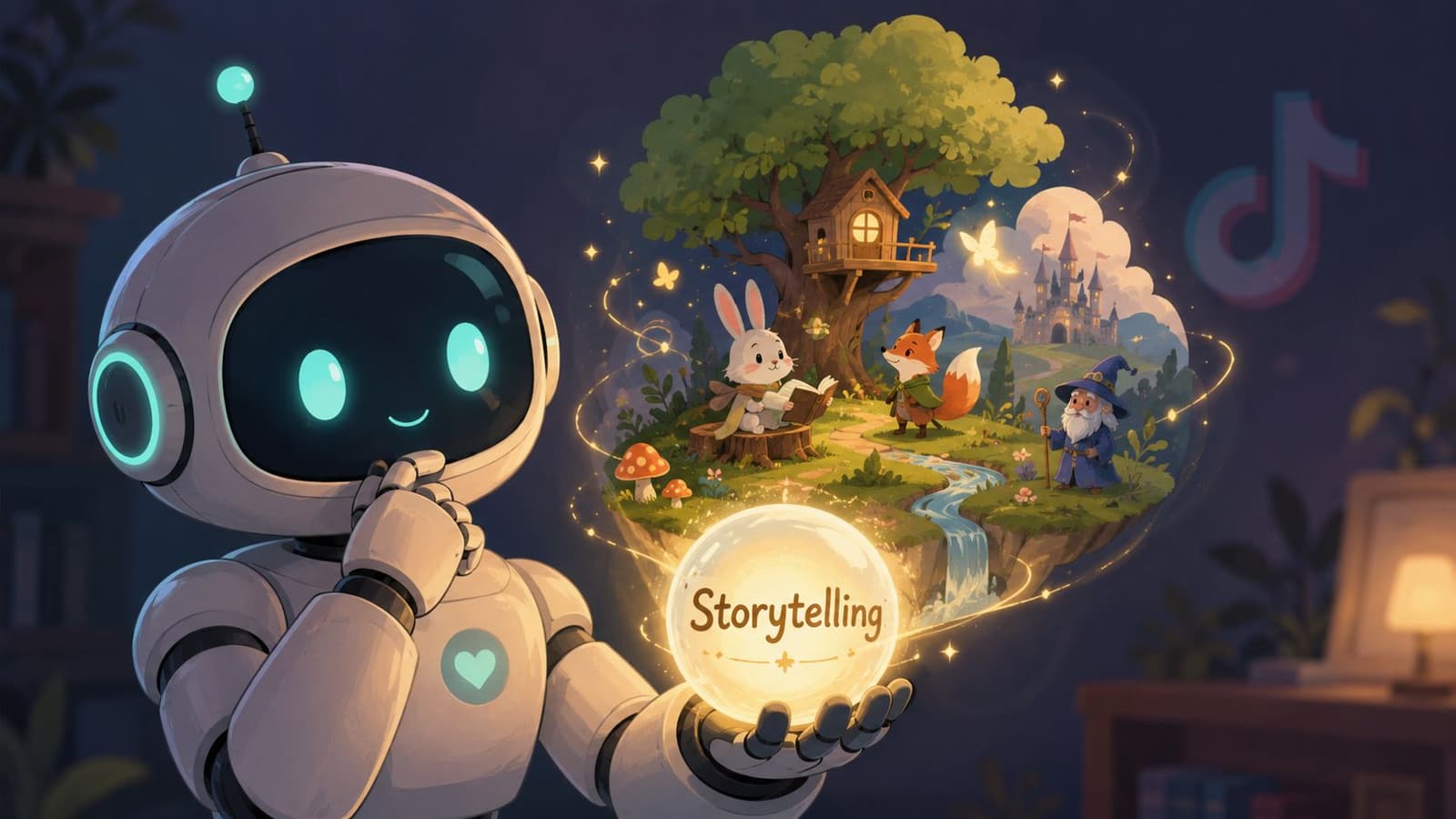 A friendly AI robot holds a glowing magical crystal ball depicting a whimsical storybook landscape scene.