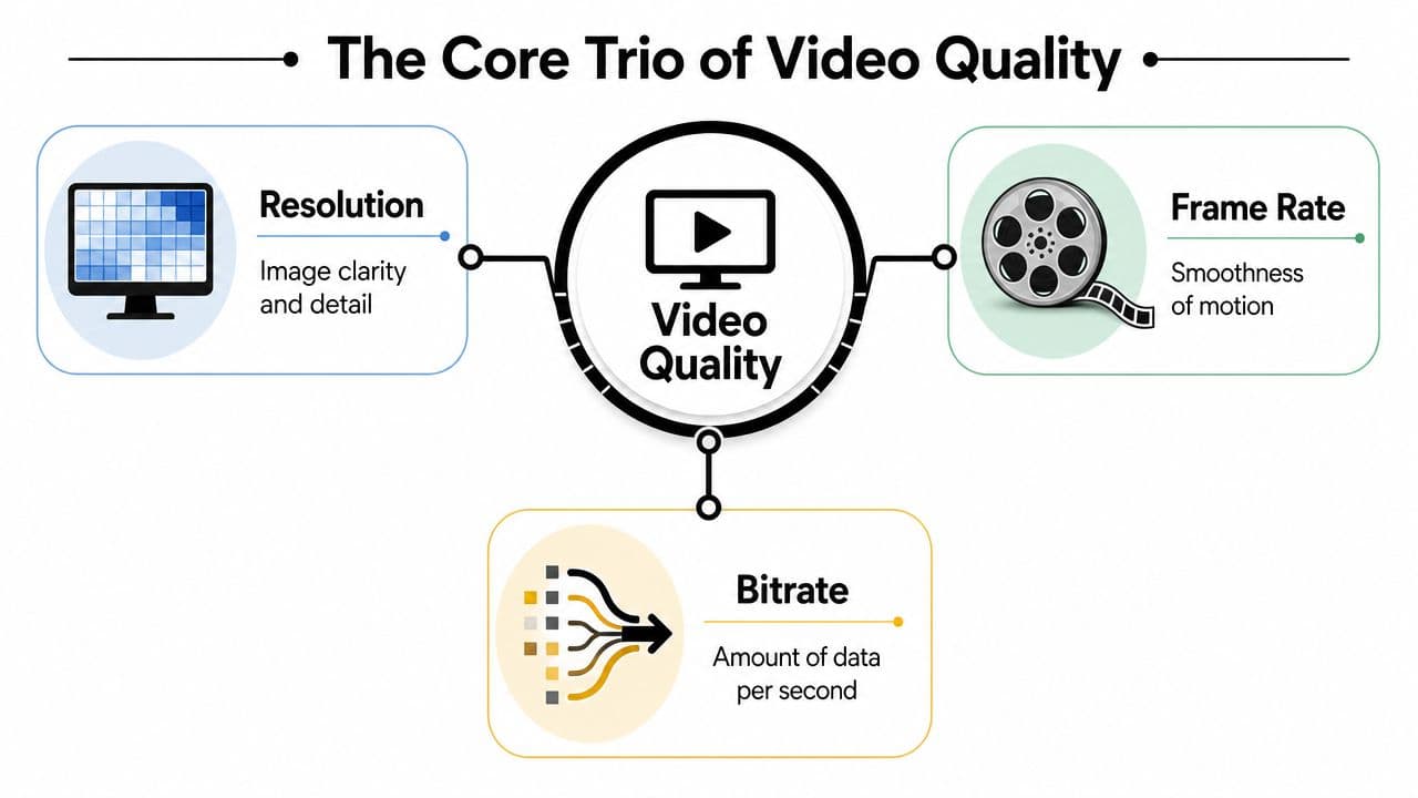 A diagram explaining the core trio of video quality featuring resolution, frame rate, and bitrate settings.