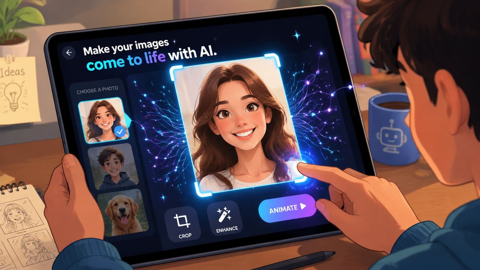 A person using a tablet app to animate a portrait photo with artificial intelligence technology features.