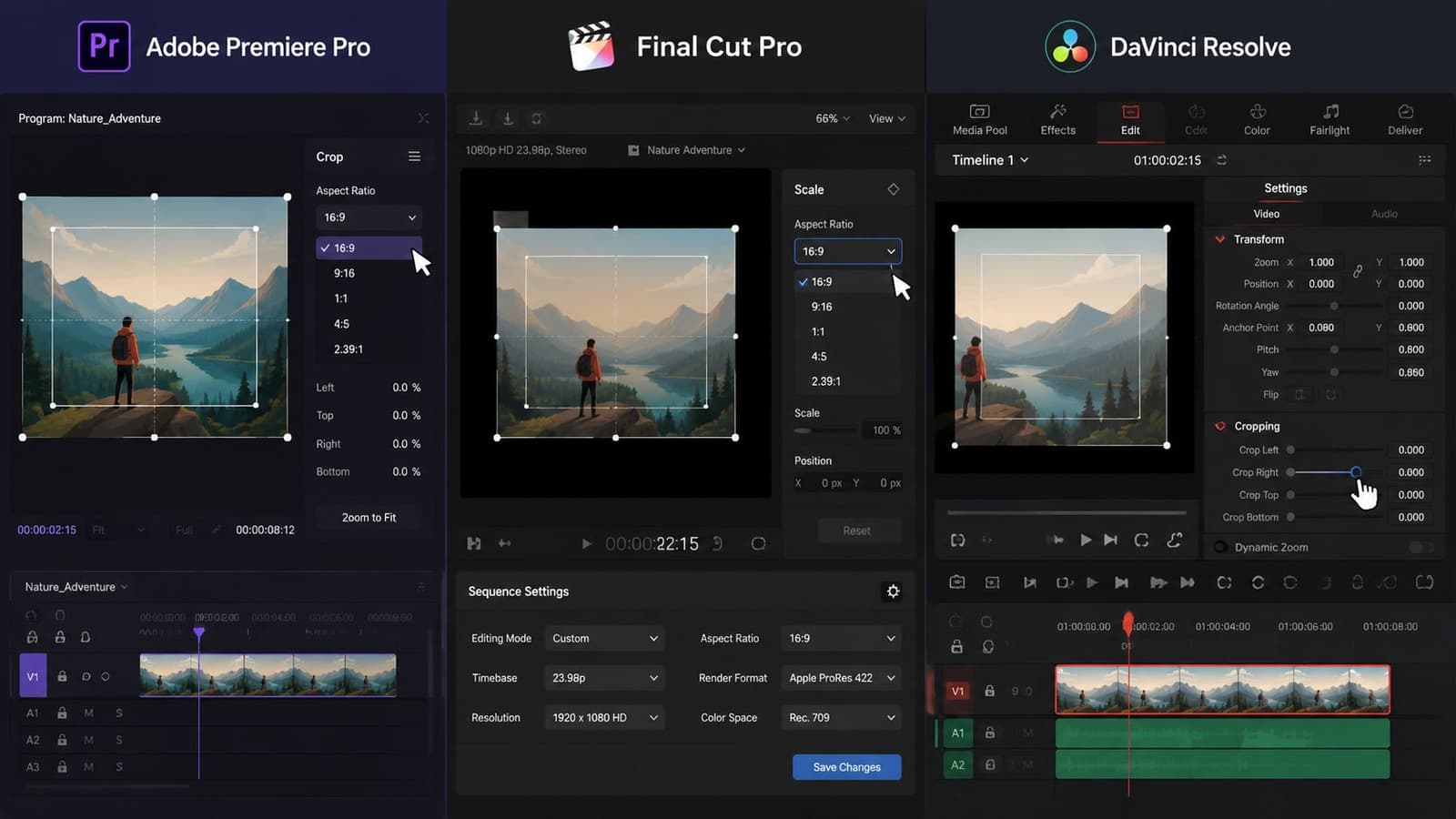 A comparative interface view showing how to adjust video aspect ratios in Adobe Premiere, Final Cut, and DaVinci Resolve.