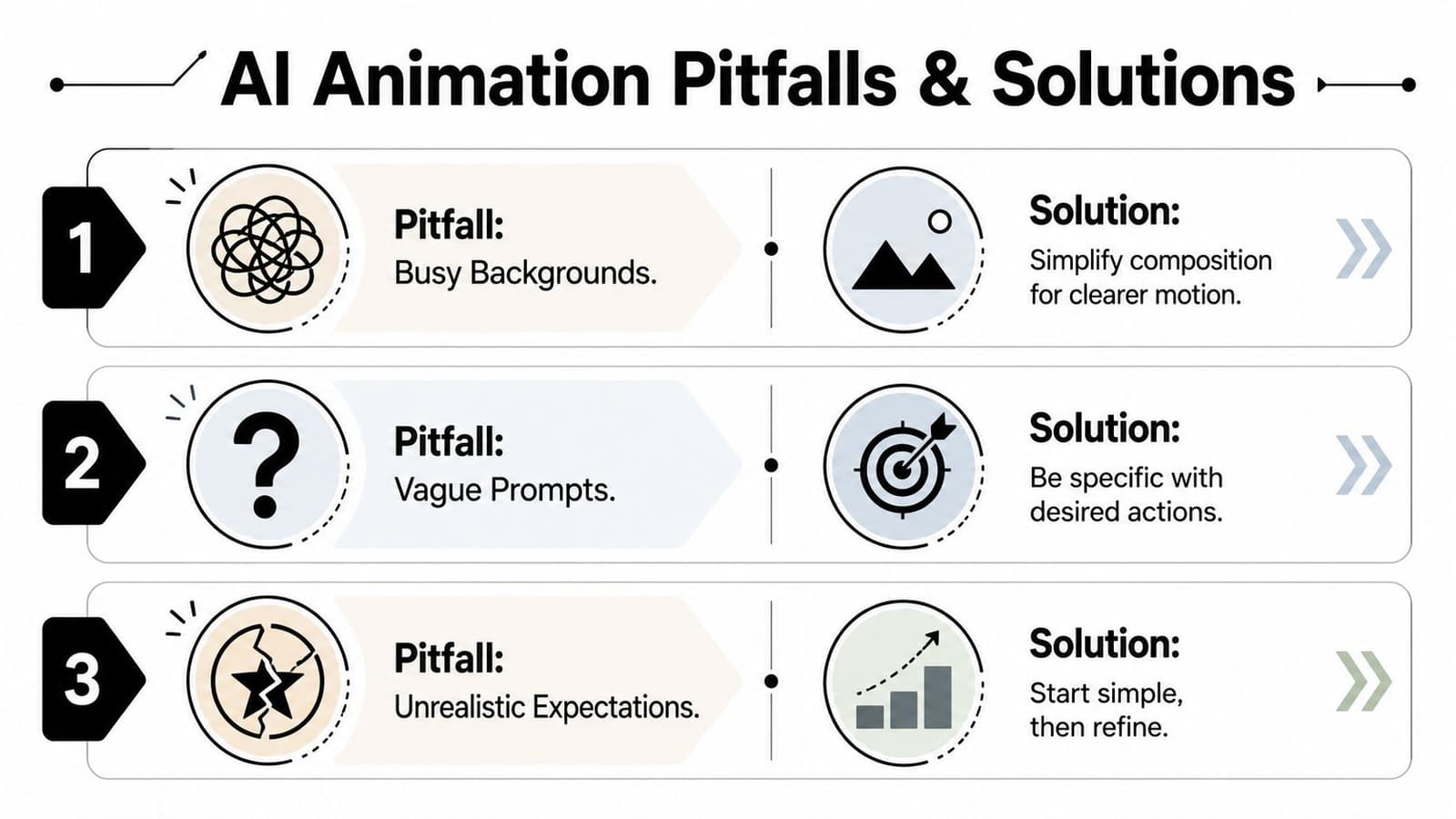 A graphic showing three common AI animation pitfalls alongside their practical solutions for better creative outcomes.