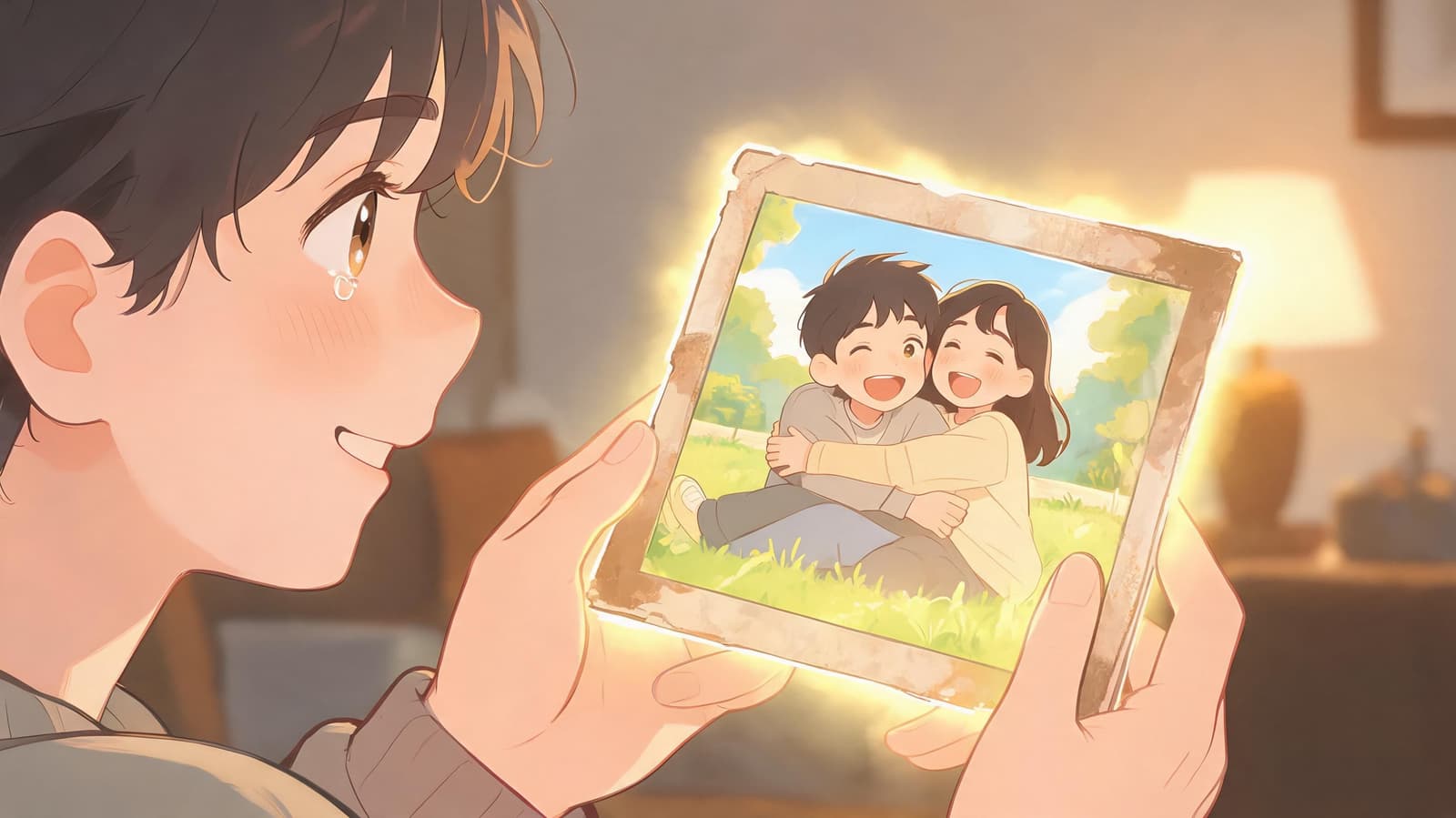 A young person with a tearful expression holding a glowing, nostalgic photograph of a couple hugging outdoors.