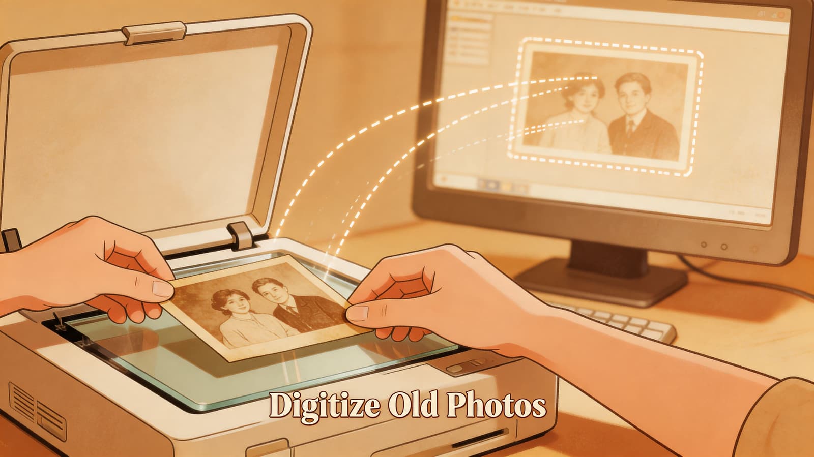 An anime style illustration showing a person scanning an old vintage couple photo to a computer.