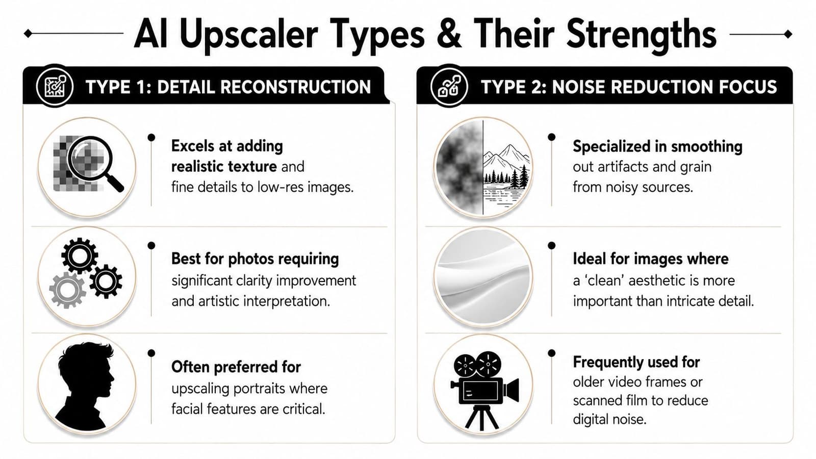 An infographic titled AI Upscaler Types comparing detail reconstruction and noise reduction focus upscaling methods.