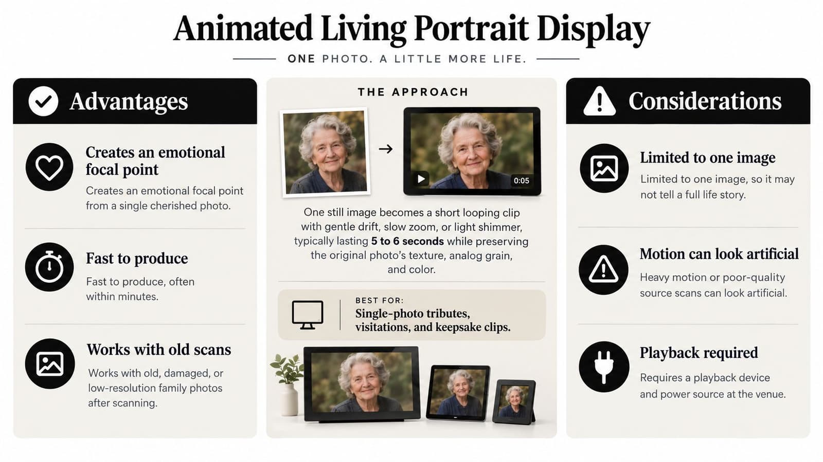 A graphic explaining the benefits and considerations of using animated living portrait displays at memorial services.