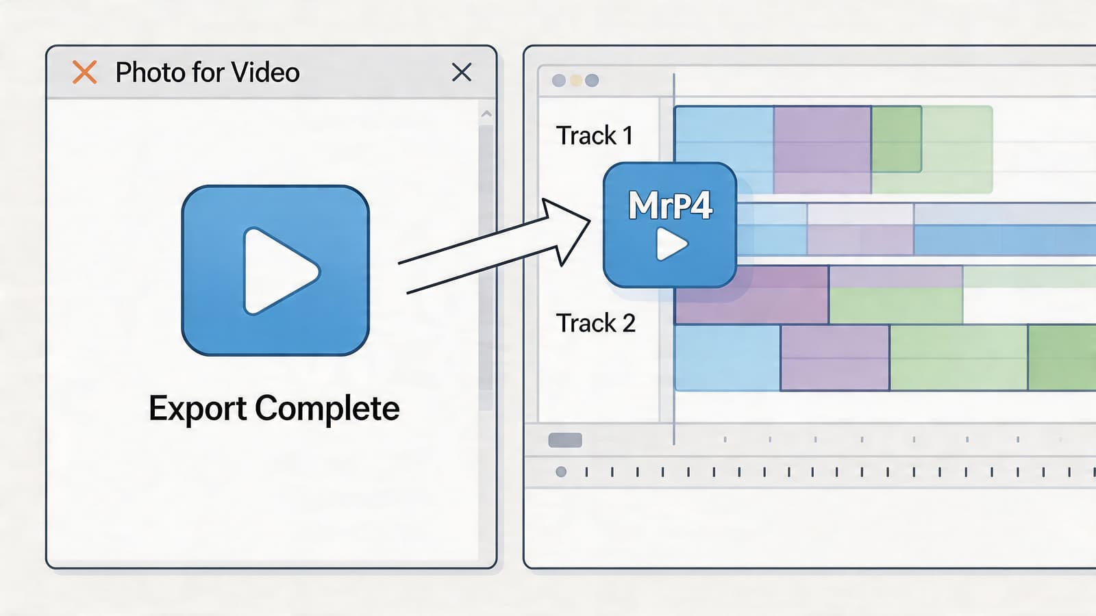 A video editing software interface showing an export complete notification for a file being added to tracks.