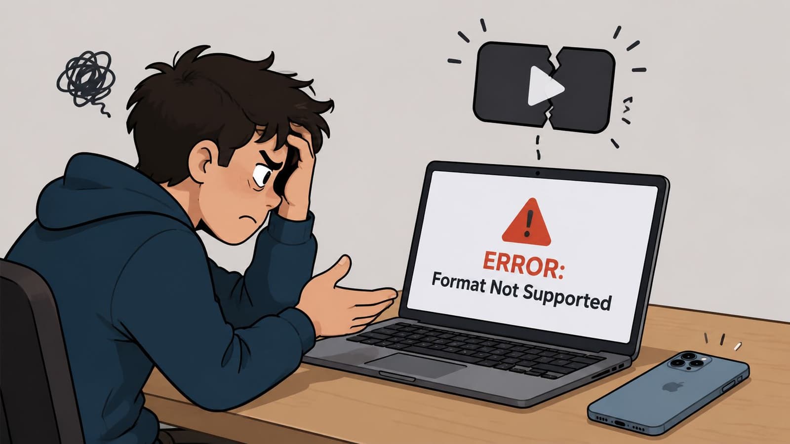 A frustrated young man sitting at a desk looking at a laptop displaying a video format error.