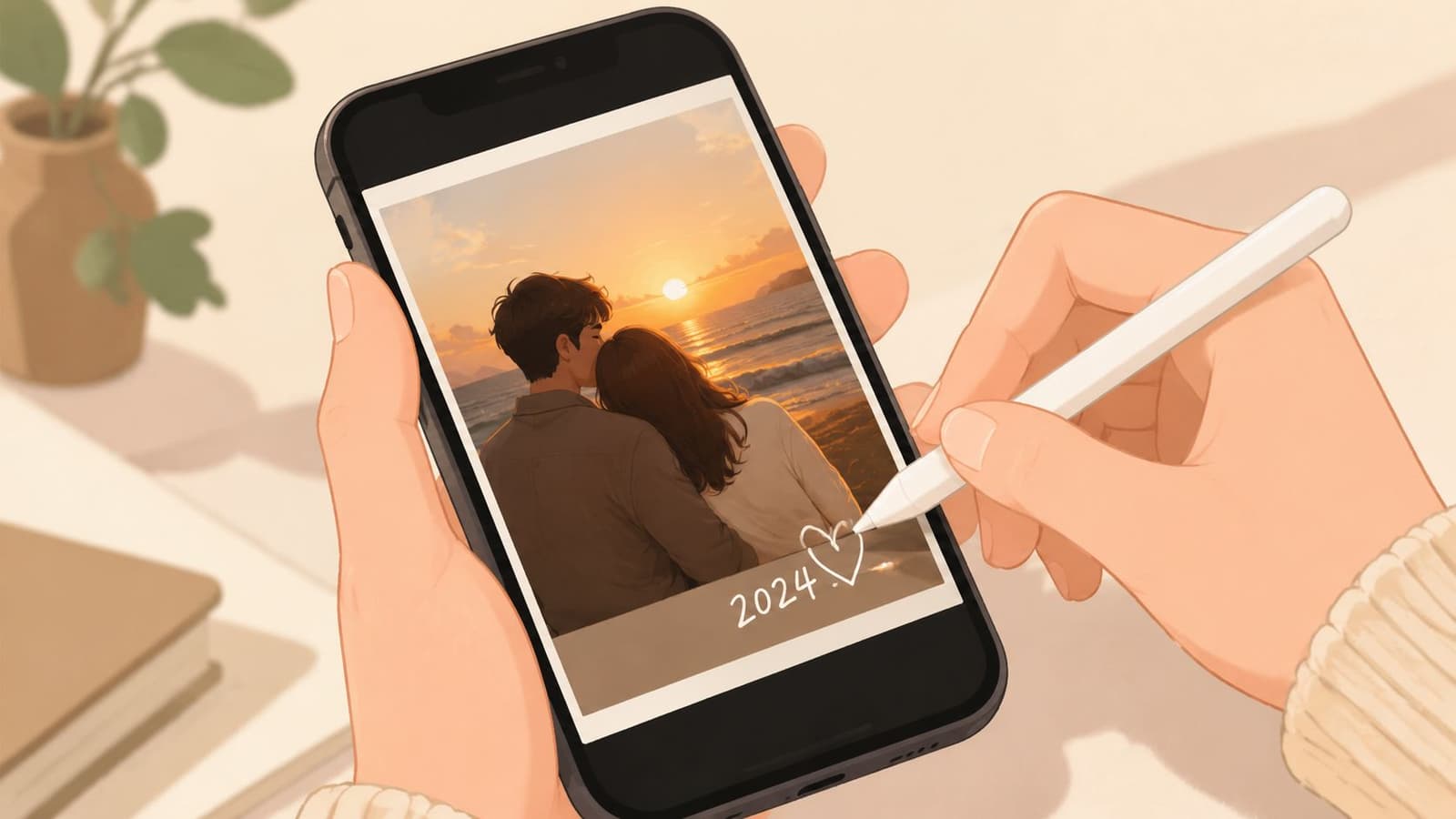 A person using a digital stylus to draw a heart on a photo of a couple at sunset.