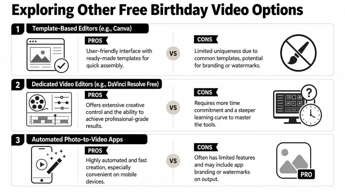 A comparison chart outlining the pros and cons of using different free birthday video editing software options.