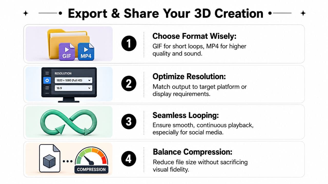 An infographic detailing four essential steps for exporting and sharing 3D animations, including format, resolution, looping, and compression.