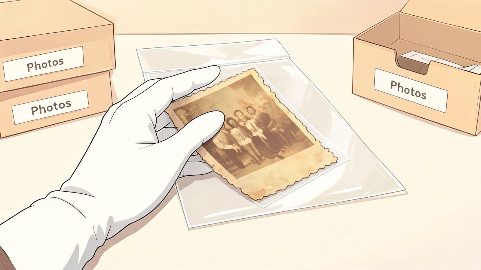 A gloved hand carefully placing a vintage family photograph into a protective plastic archival storage sleeve.