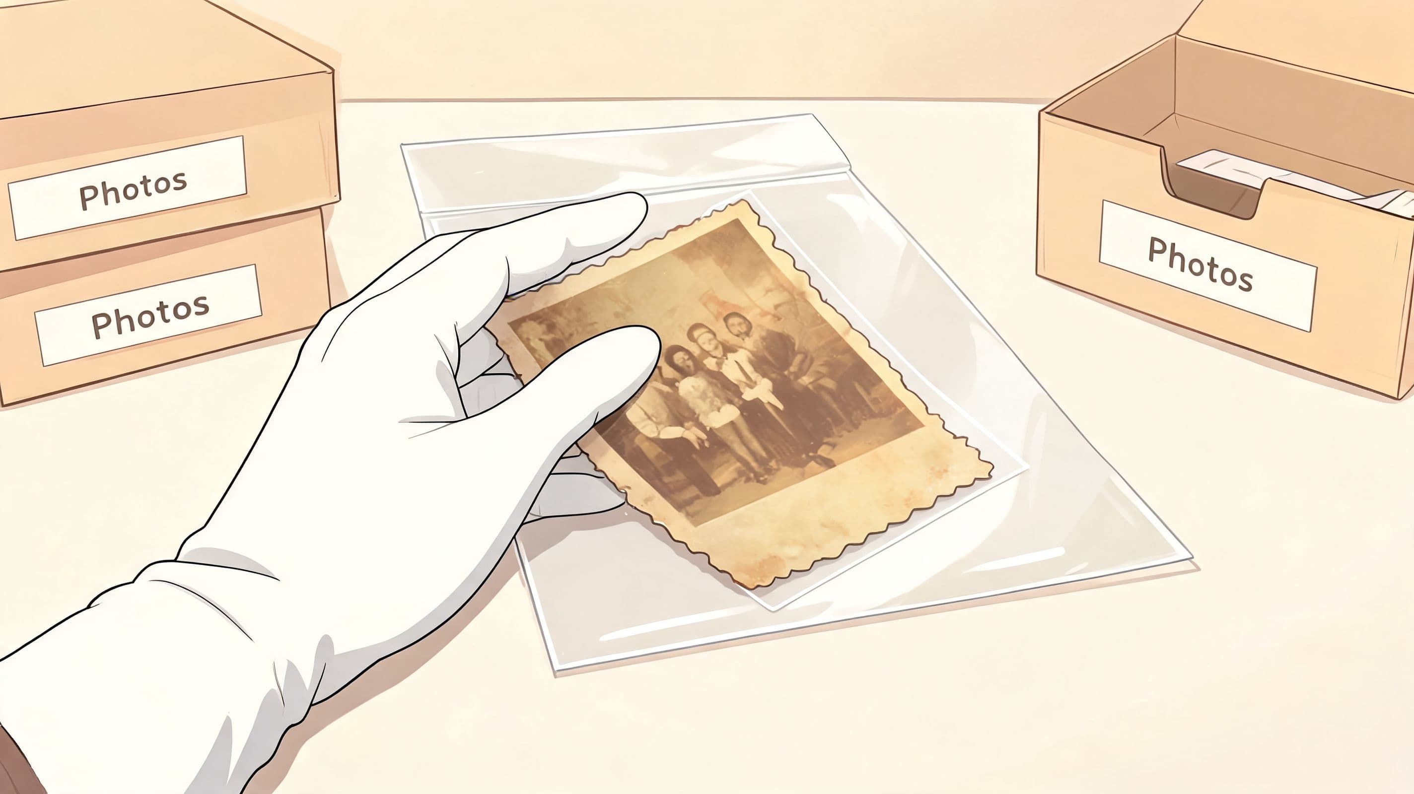 A gloved hand carefully placing a vintage family photograph into a protective plastic archival storage sleeve.