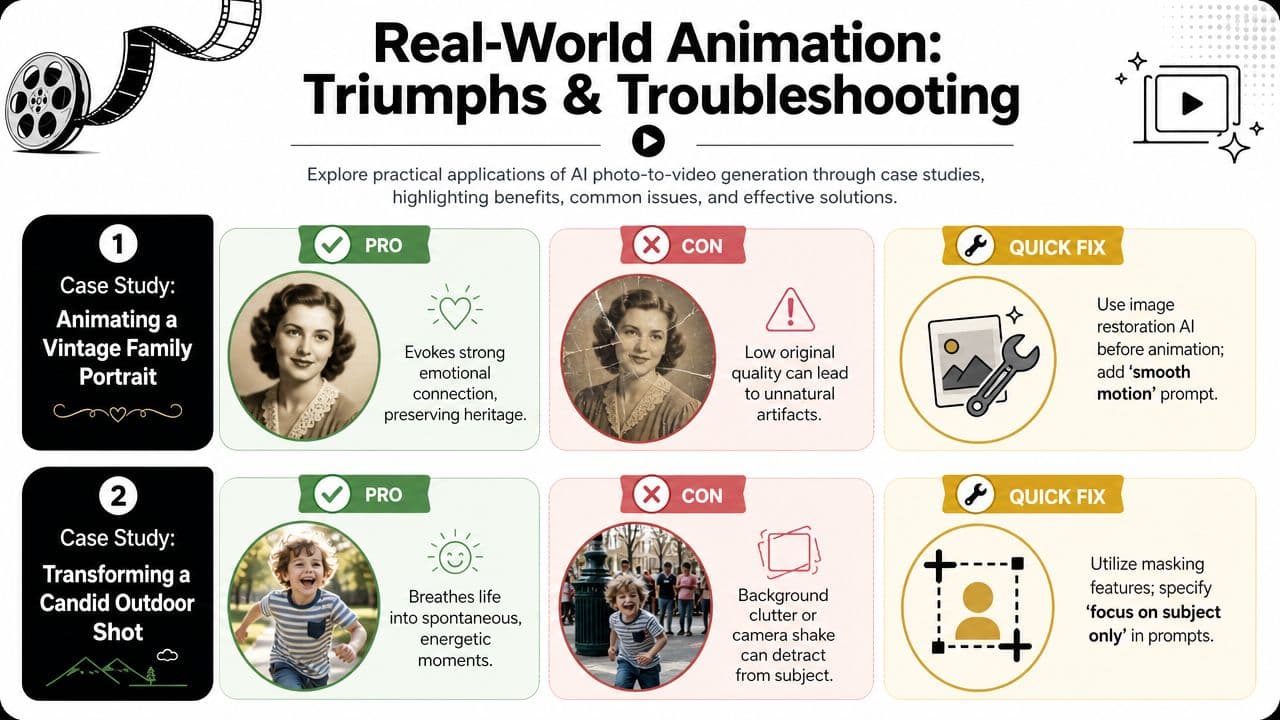 An infographic titled Real-World Animation showing two case studies of AI photo-to-video generation, pros, cons, and fixes.