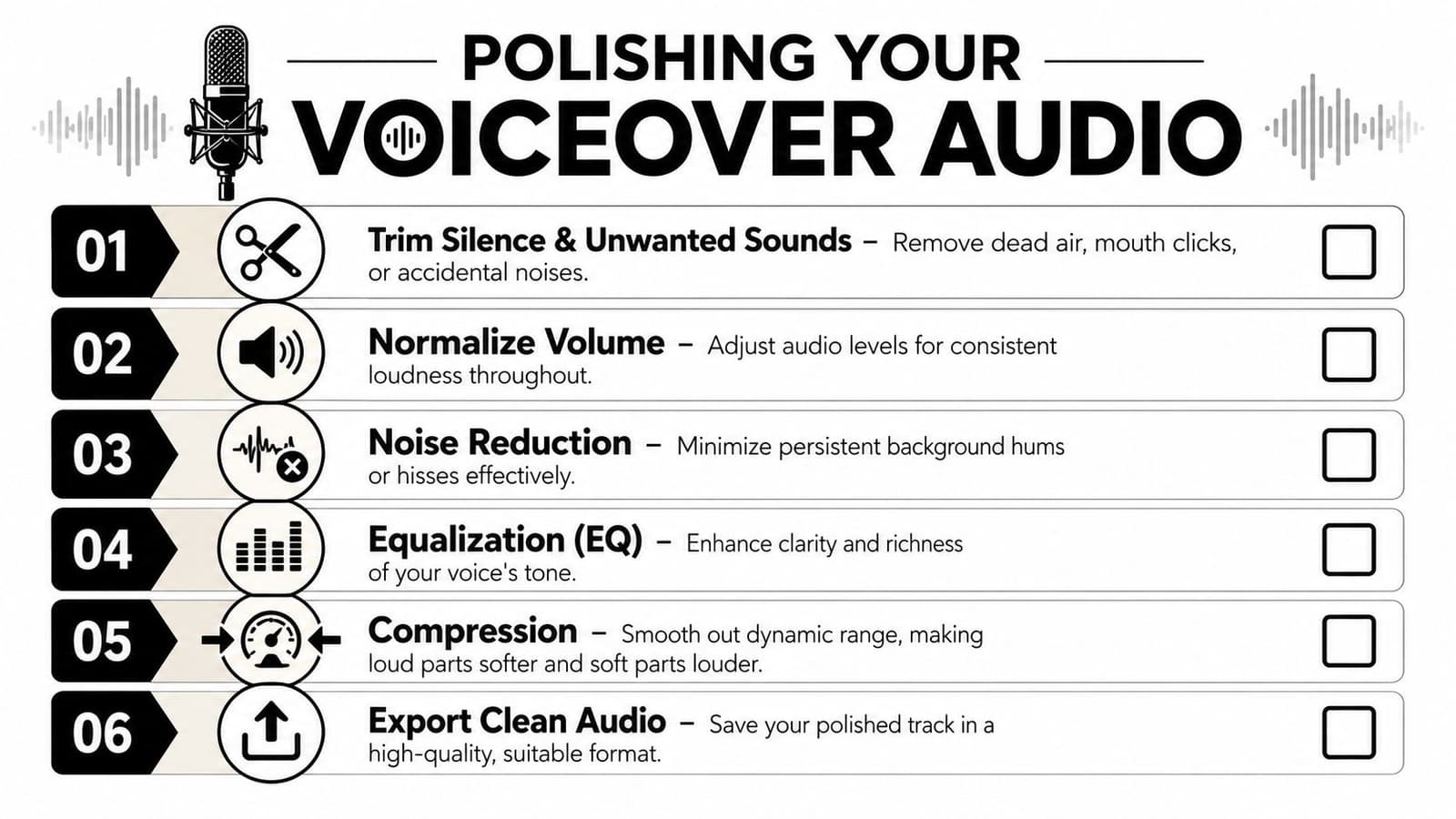 A six-step checklist infographic for polishing voiceover audio, featuring icons for editing, volume, and sound processing.