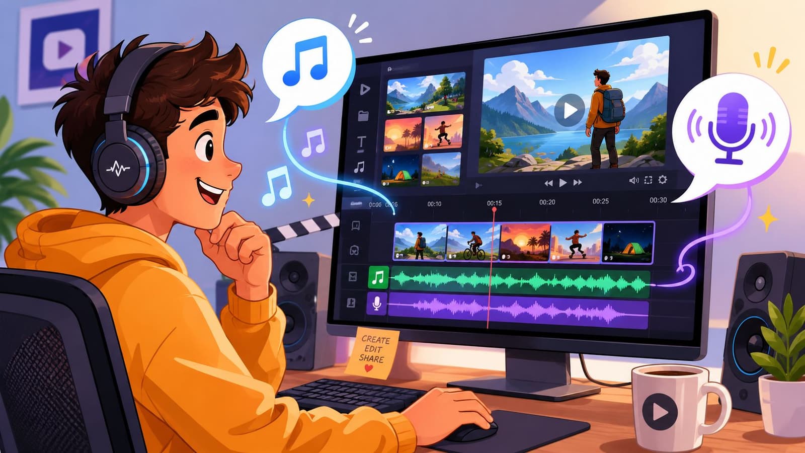 A young content creator editing a vibrant travel video on a computer with headphones in a studio.