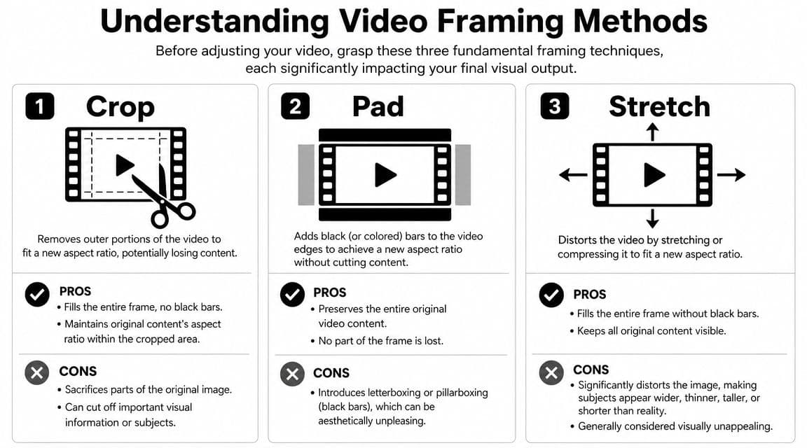A visual guide illustrating three video framing methods: crop, pad, and stretch with their respective pros and cons.