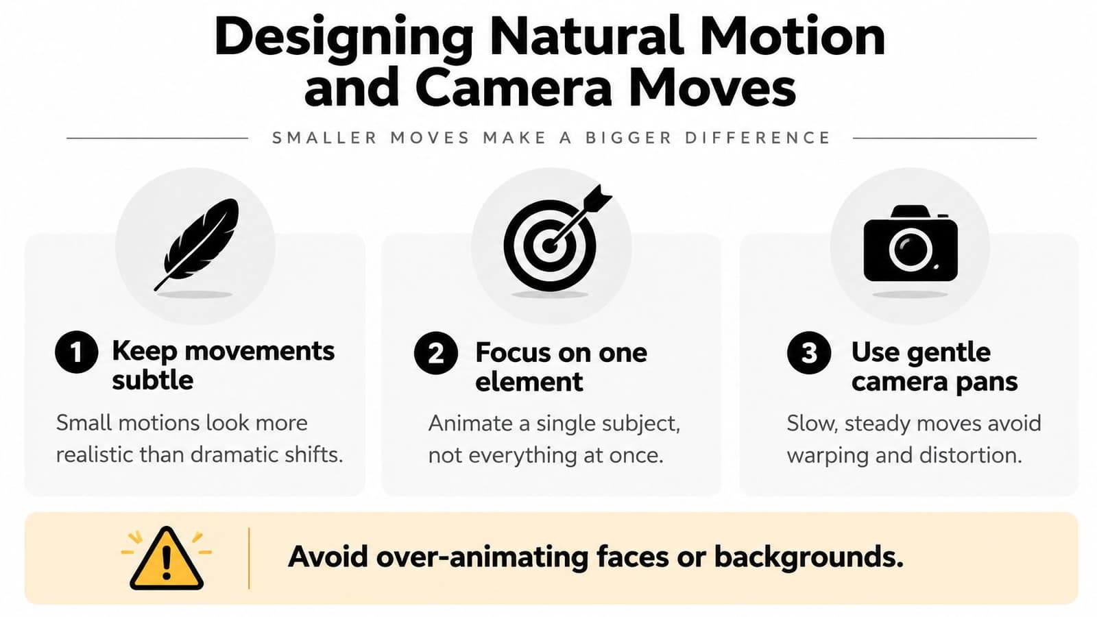 A graphic design tip titled Designing Natural Motion and Camera Moves with three numbered steps for animation.