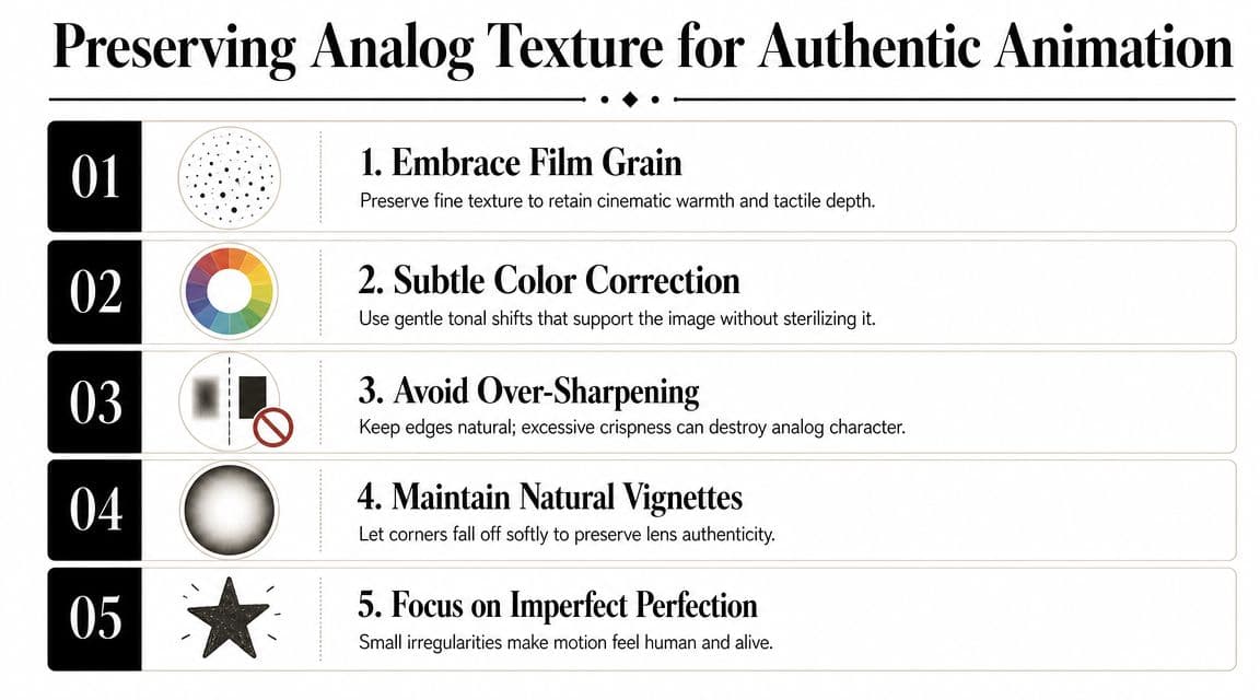 An infographic list outlining five key techniques for preserving authentic analog texture in digital animation projects.