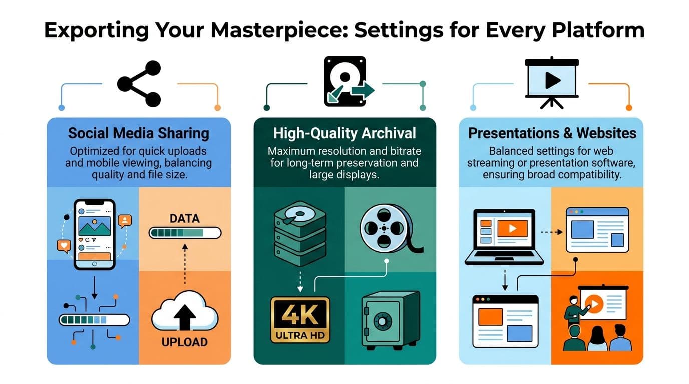 An infographic illustrating optimal video export settings for social media, archival storage, and web-based presentations.