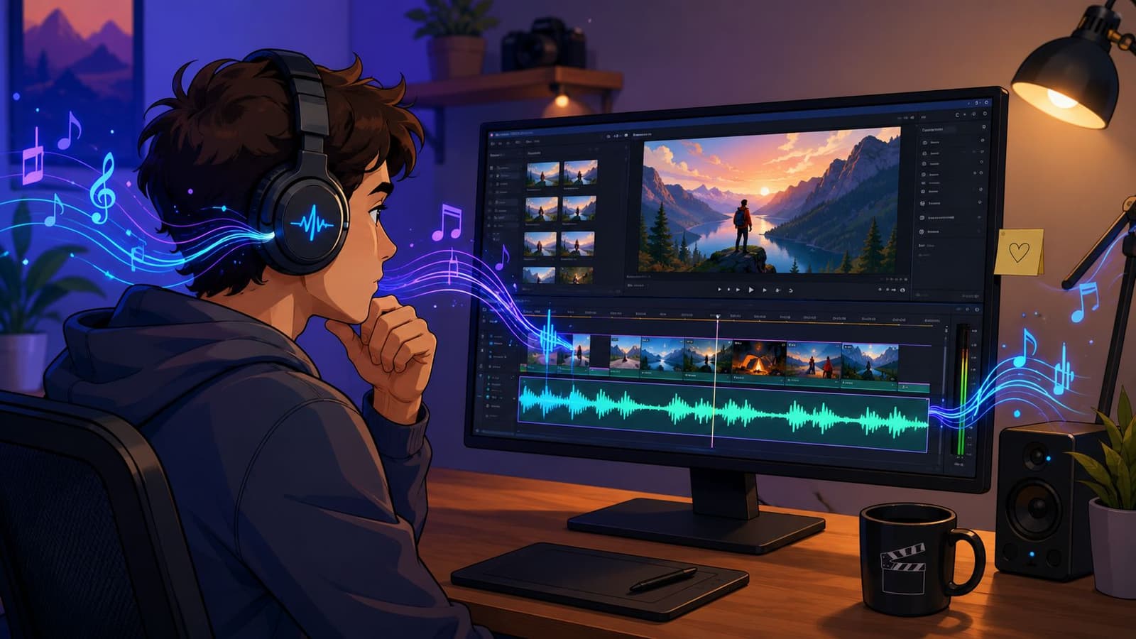 An anime style boy wearing headphones editing a scenic landscape video on a computer in a cozy room.