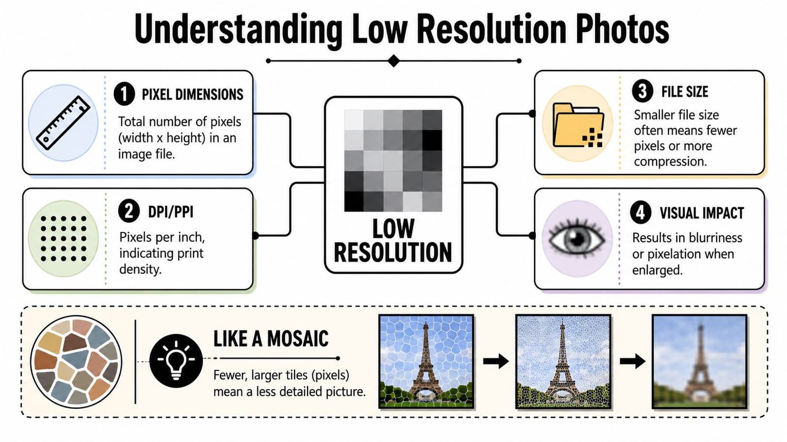 An infographic explaining key concepts of low resolution photos, including pixel dimensions, DPI, file size, and pixelation.