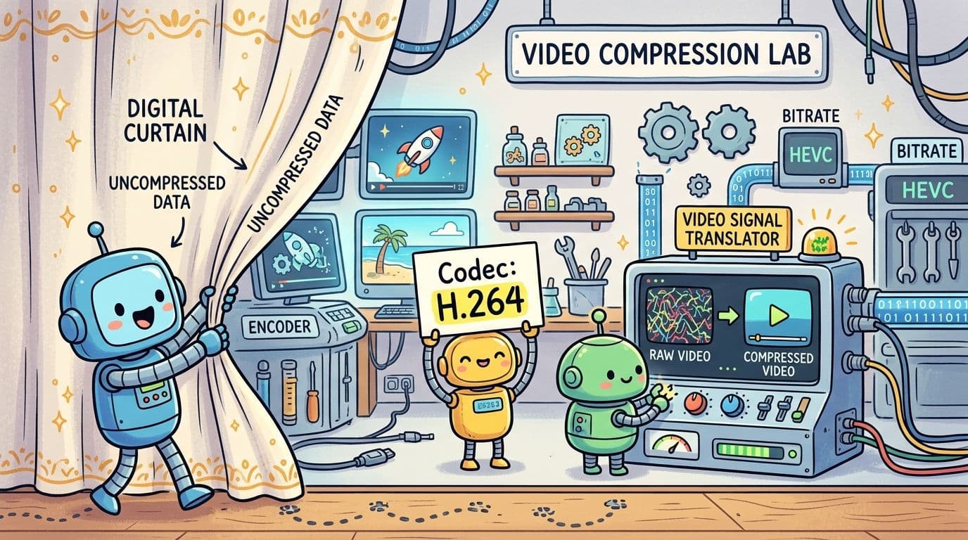 A cute cartoon illustration of robots working together in a video compression lab to process video files.