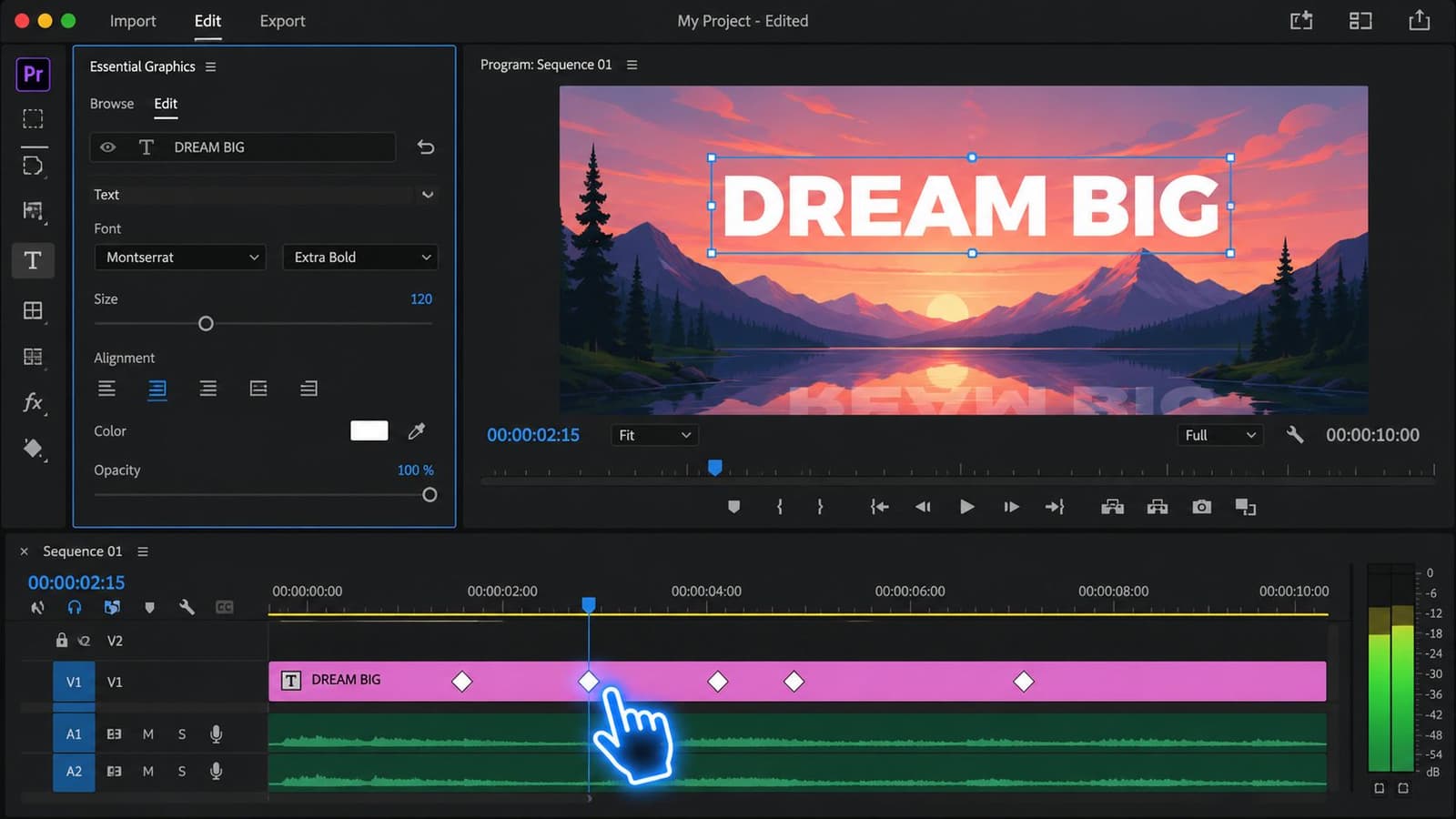 A user adjusting keyframes on a text layer in Adobe Premiere Pro's video editing interface.