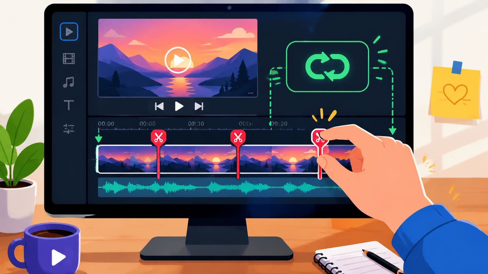 A hand using a video editing software on a computer screen to create loopable video background clips.