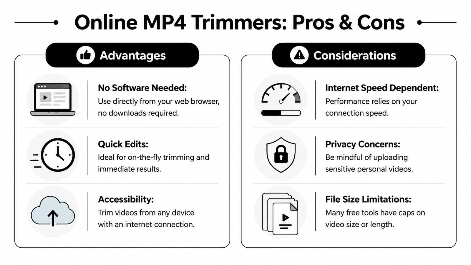 A comparison chart highlighting the pros and cons of using online MP4 video trimmer tools.