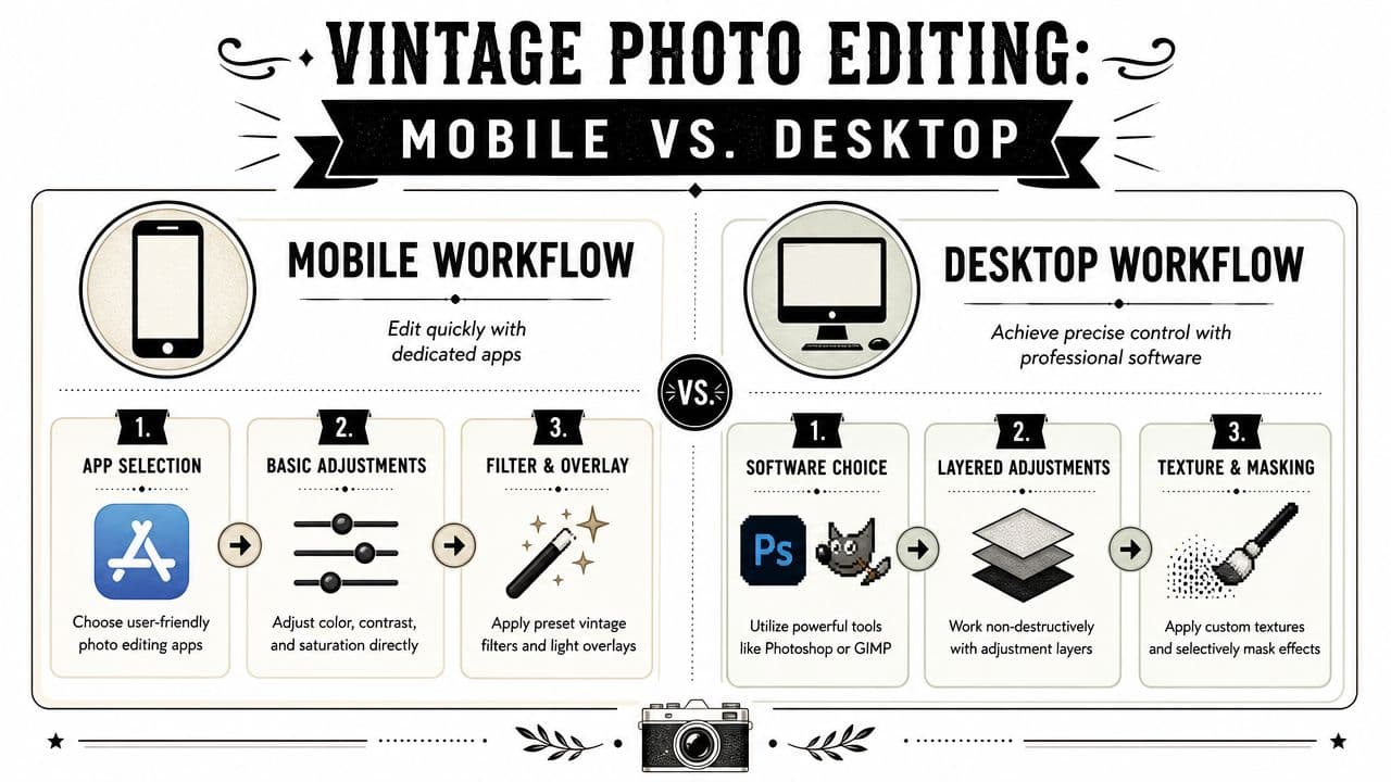 An infographic comparing vintage photo editing techniques using mobile applications versus professional desktop software workflows.