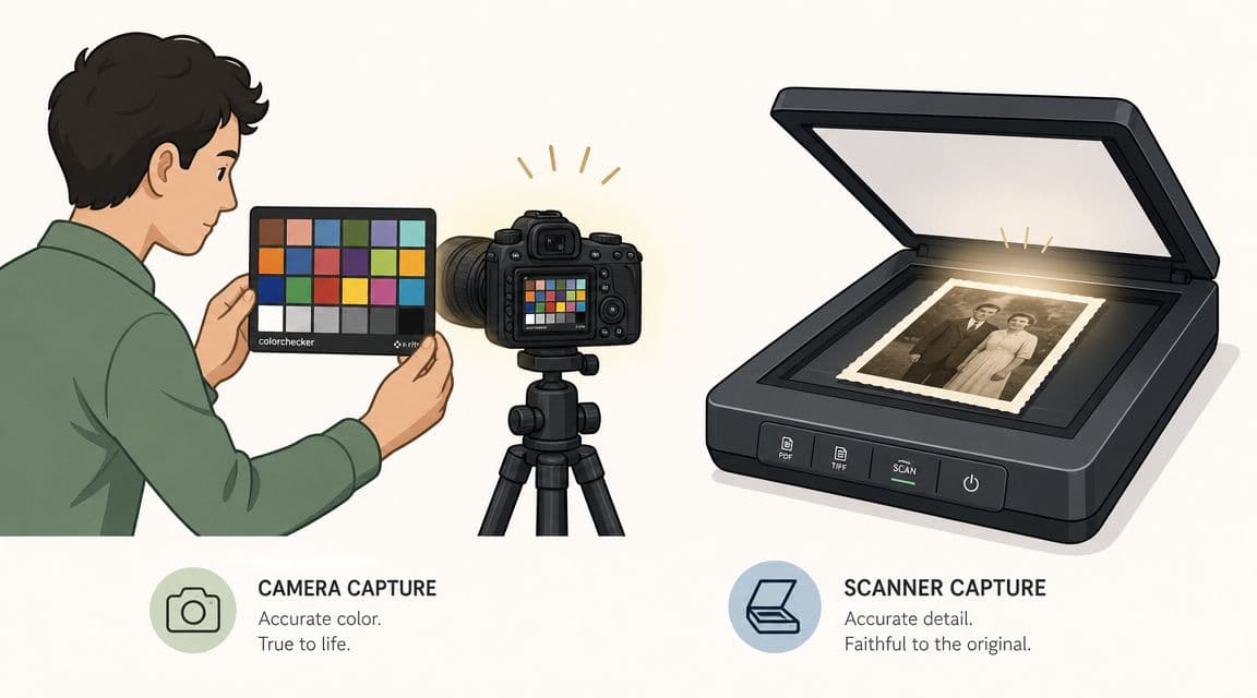 A diagram comparing professional camera capture using color calibration with flatbed scanner digitizing for photo restoration.