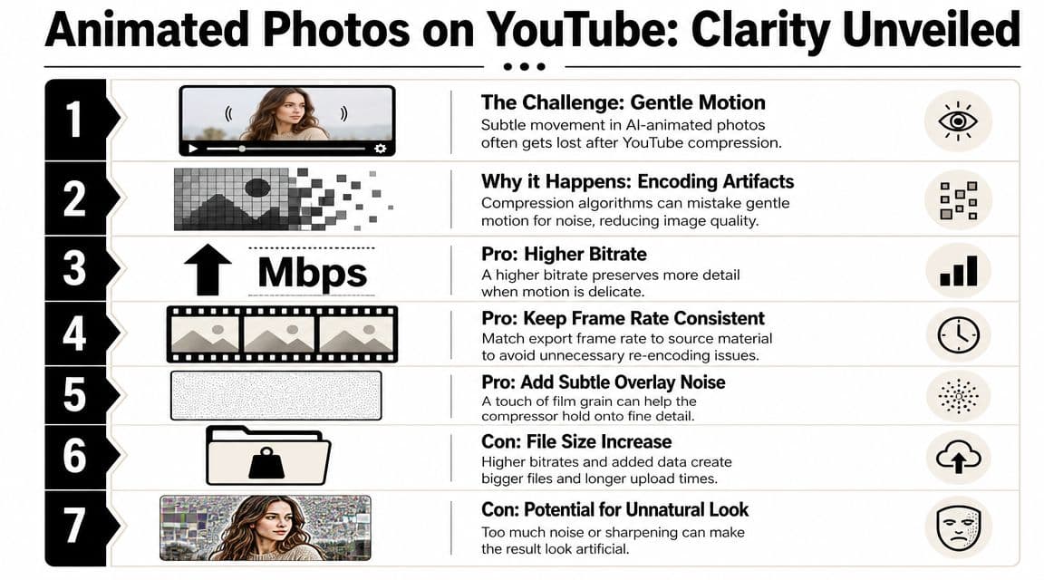 An infographic detailing seven tips and challenges for managing animated photo quality on YouTube video compression.