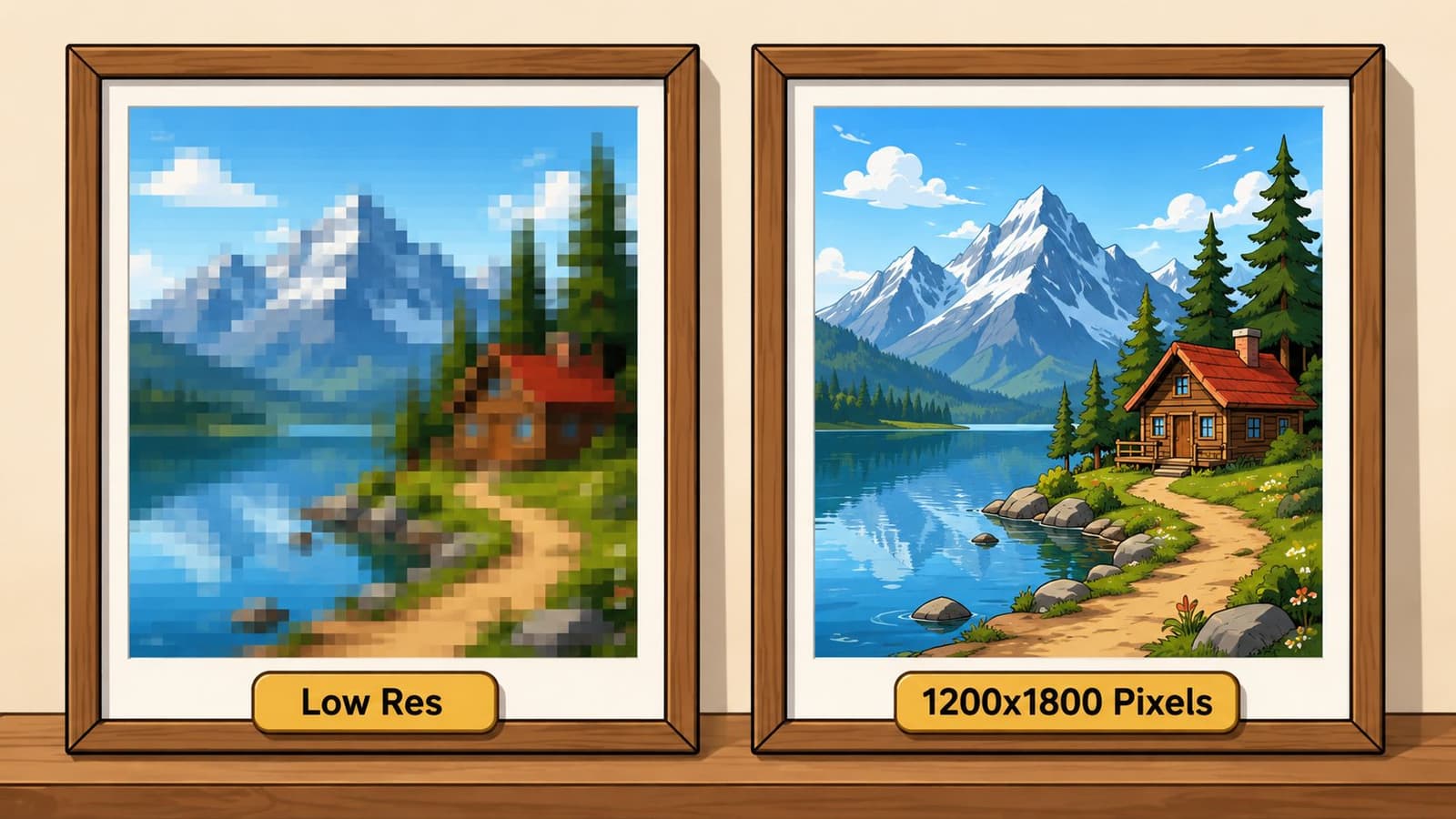 A side-by-side comparison of a low-resolution pixelated image versus a high-resolution 1200x1800 pixel mountain landscape.
