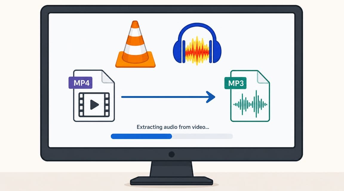 A computer monitor displaying a process of extracting audio from an MP4 video file to MP3 format.