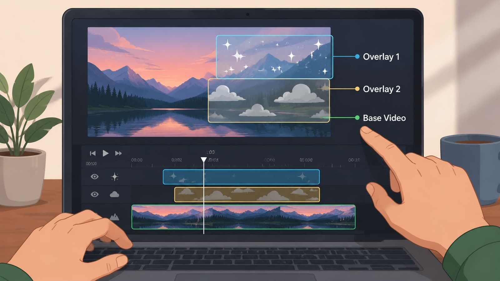 A digital illustration showing a person editing multiple video layers on a laptop screen for creative projects.