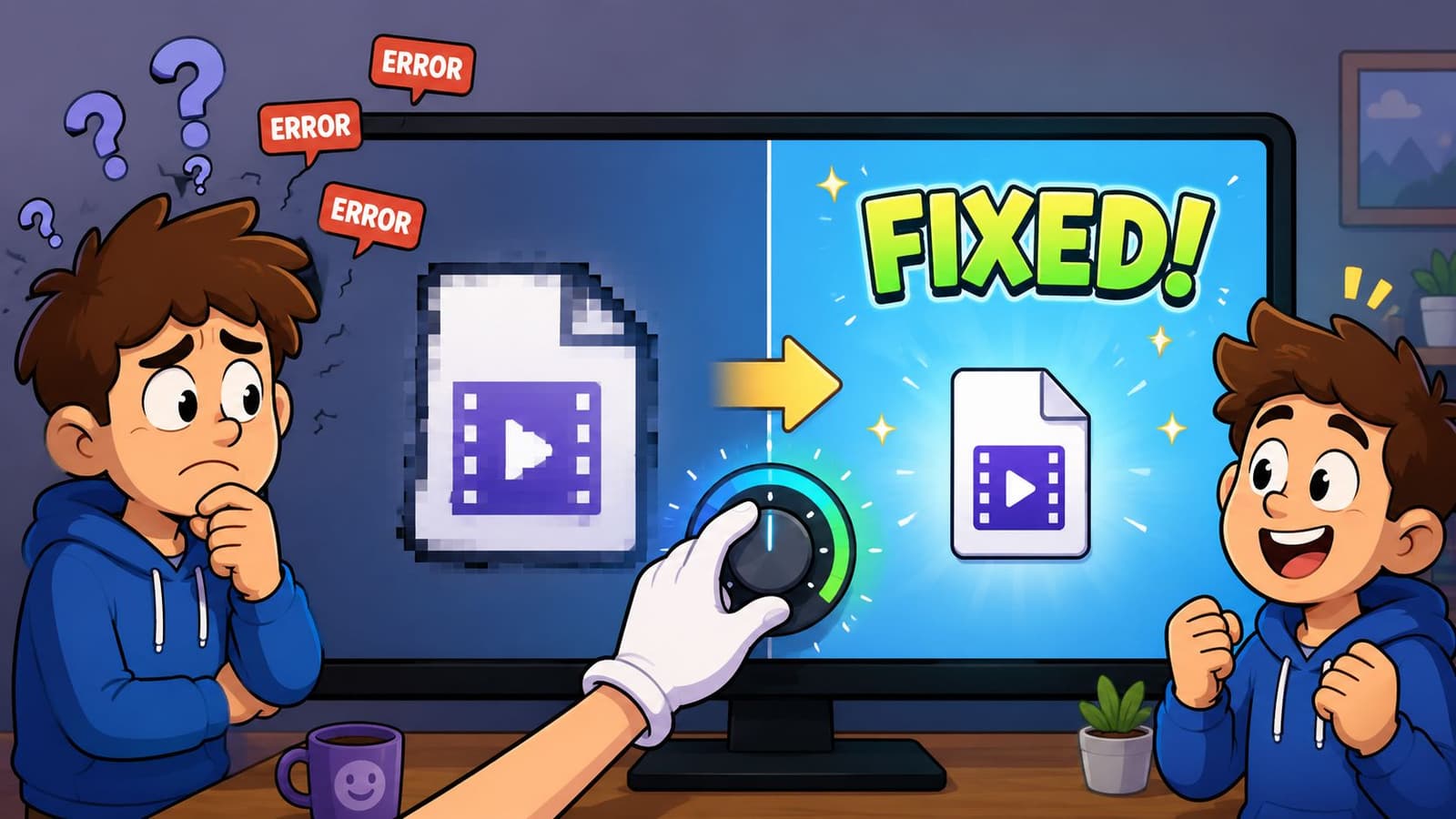A boy watching a broken video file being repaired on a computer screen by a hand dial.