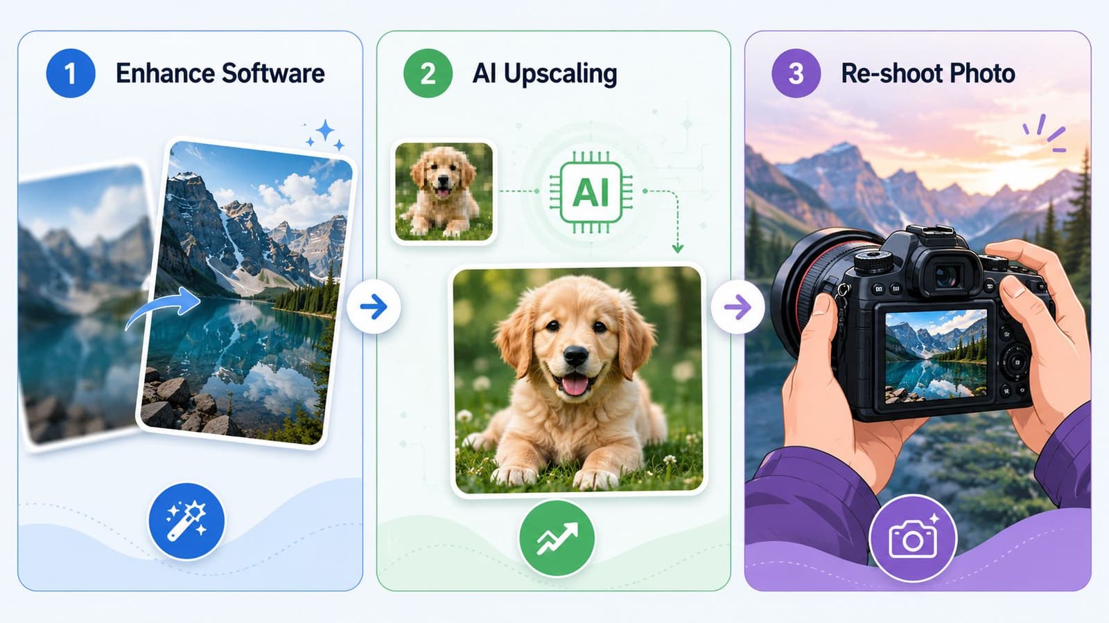 A three-step infographic showing how software enhances, upscales, and improves image quality from low resolution to high resolution.