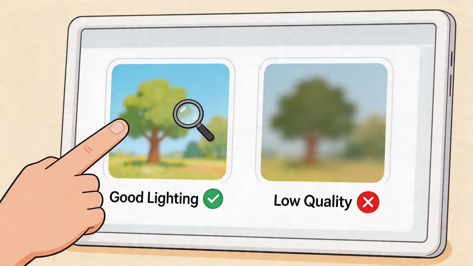 A hand touching a tablet screen displaying a comparison between a clear image and a blurry image.