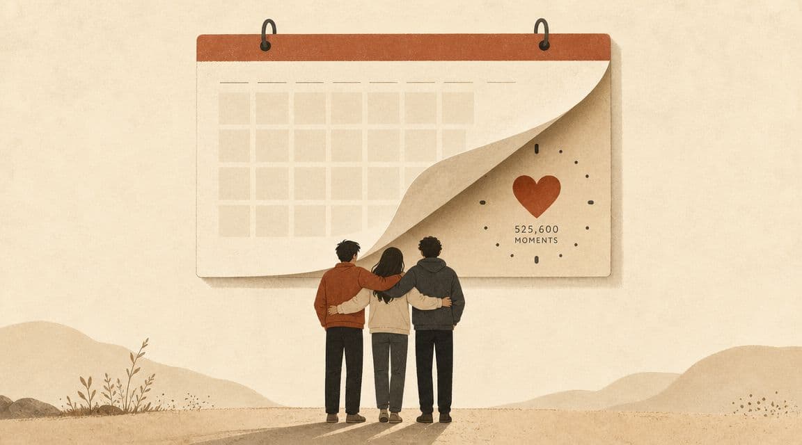 Three people stand embracing in front of a giant calendar, looking at a heart representing 525,600 moments.