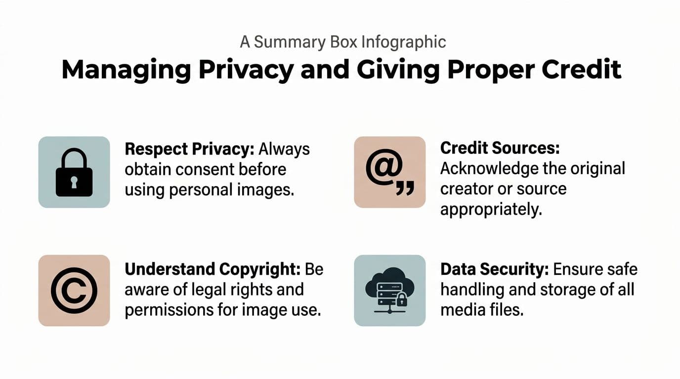 A summary infographic titled Managing Privacy and Giving Proper Credit with four best practices for media handling.
