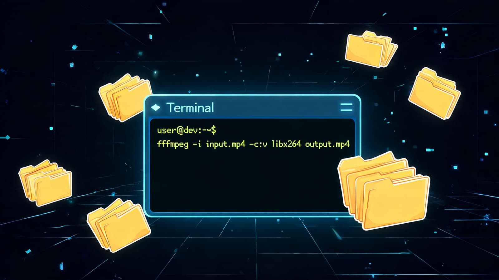 A digital terminal screen displaying a command line prompt for converting video files with floating file folders.