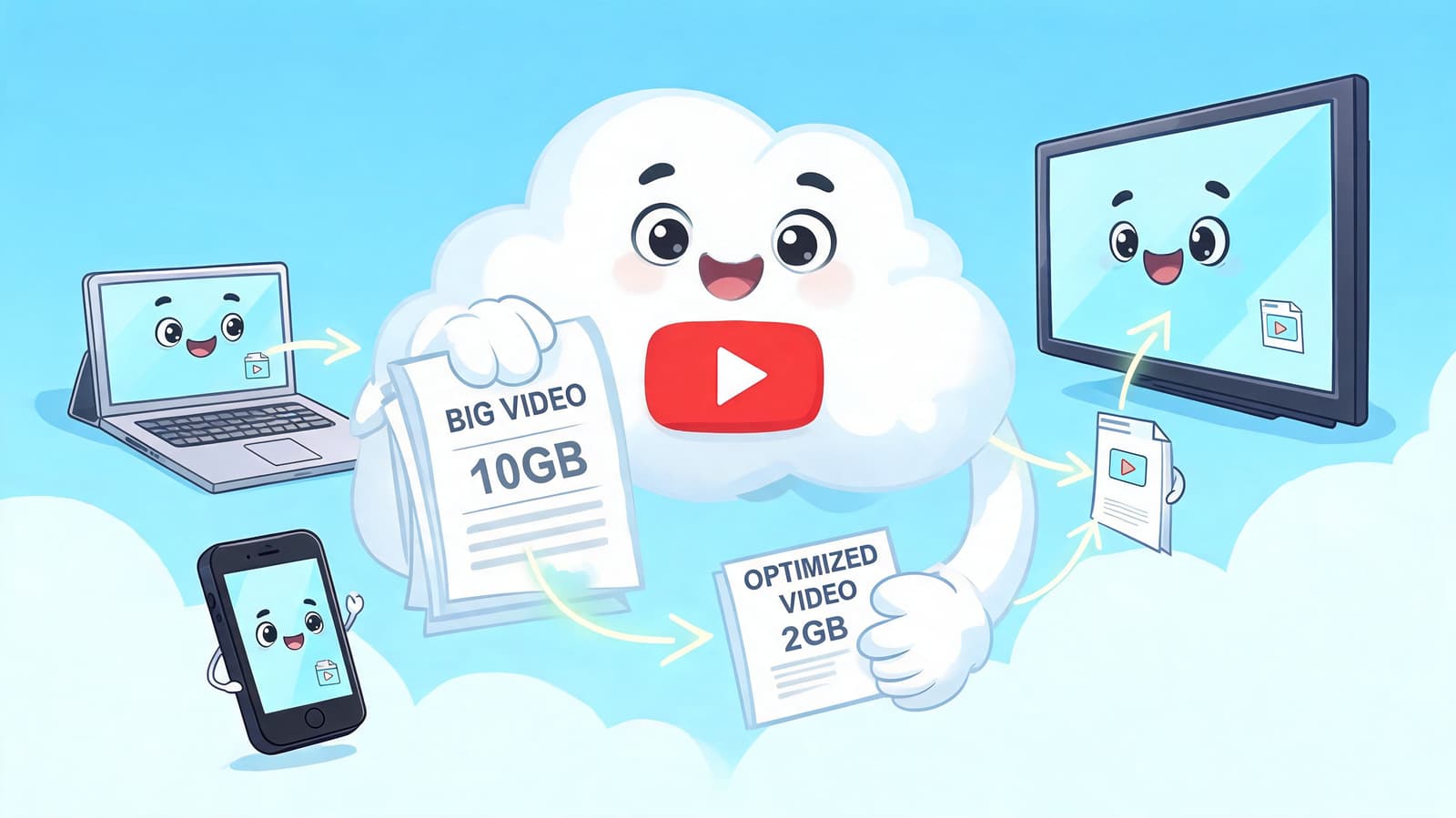 A friendly cloud character compressing a 10GB YouTube video file into an optimized 2GB version.