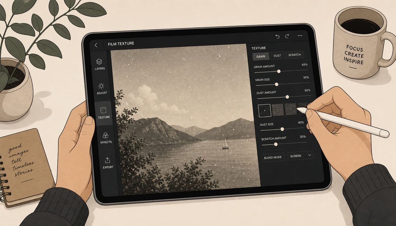 A digital artist editing a vintage landscape photograph with film grain texture settings on a tablet.