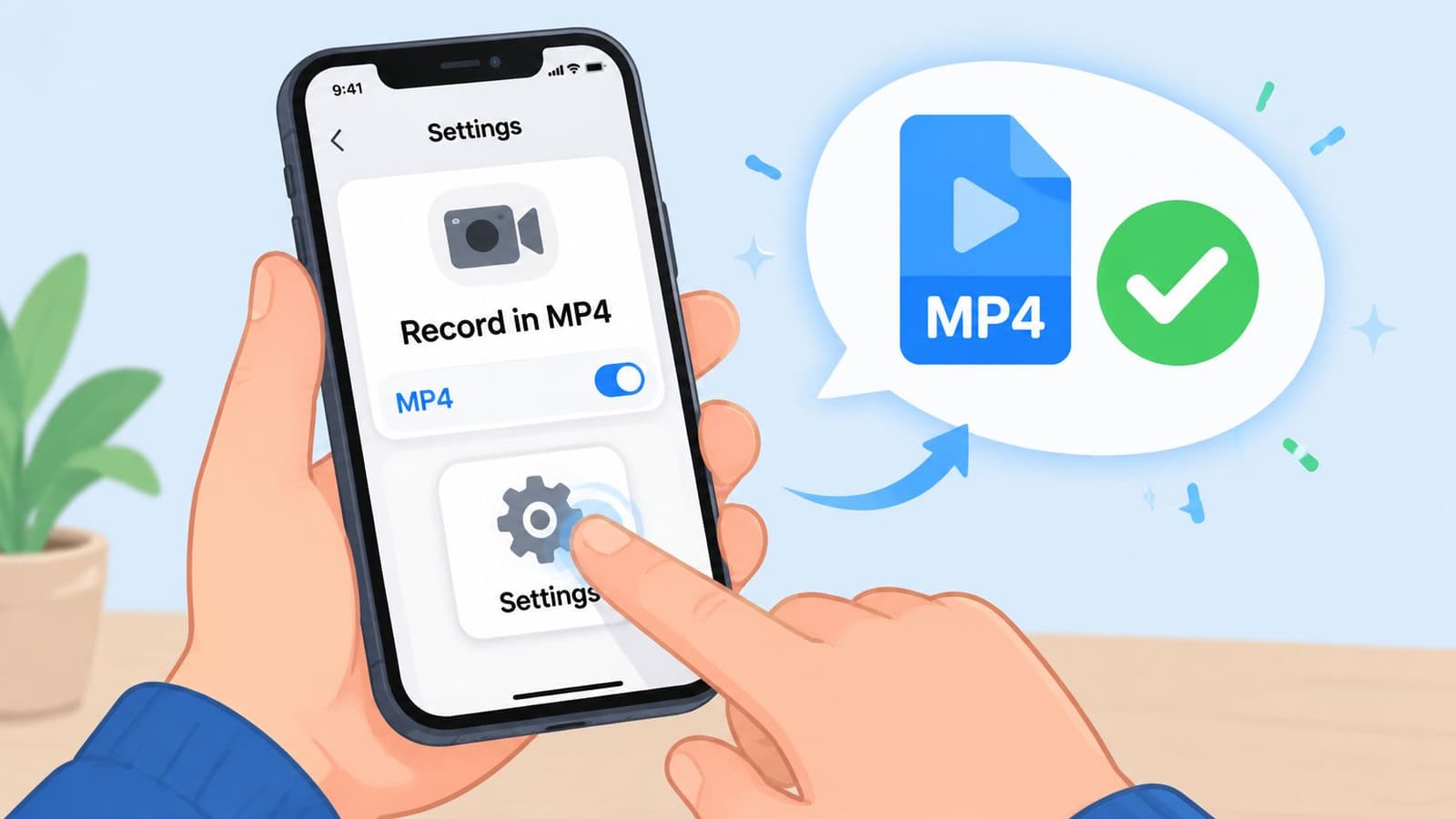 A hand holding a smartphone showing settings to enable MP4 video recording for easy file conversion.