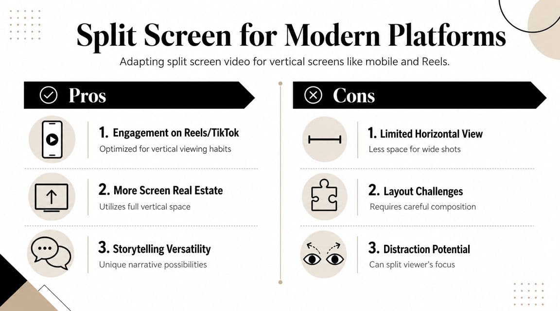An infographic titled Split Screen for Modern Platforms comparing the pros and cons of vertical split-screen video.