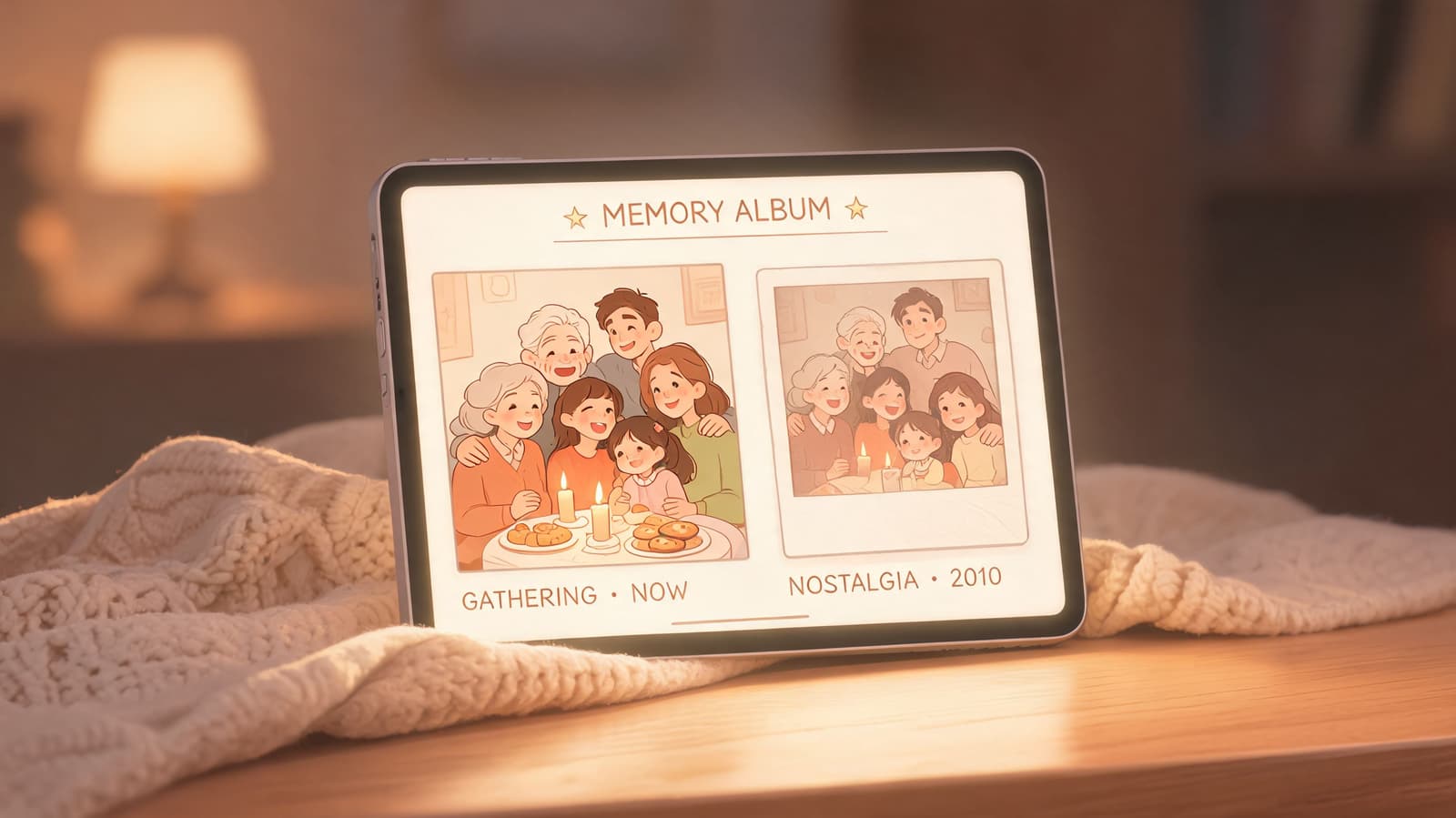 A tablet on a wooden table displaying a digital memory album with two nostalgic family photos.