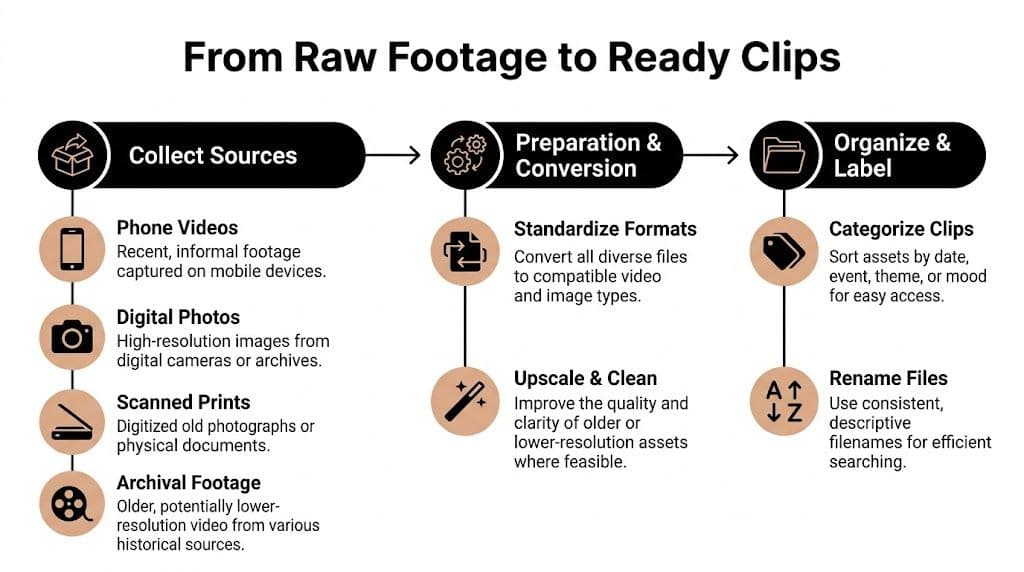 A flowchart showing the process of organizing raw footage into ready-to-use clips for video creation.