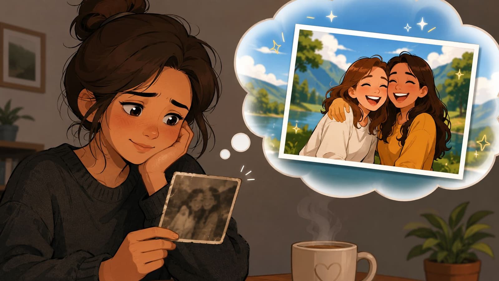 A young woman gazes affectionately at an old photograph while imagining a happy memory of two friends.